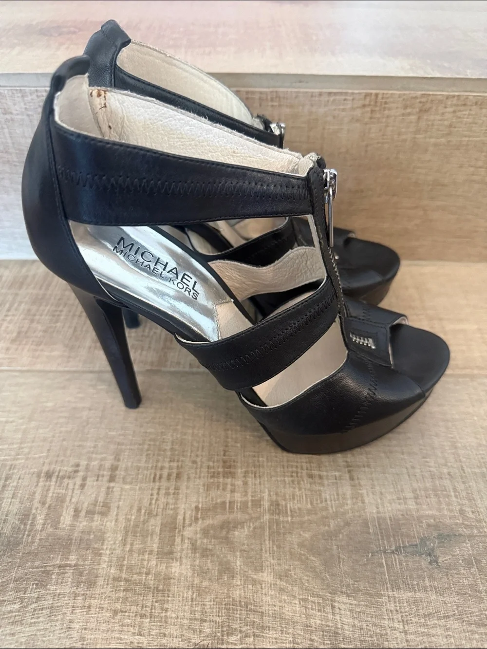 Michael Kors Black Leather Zip-Front High Heel Sandals